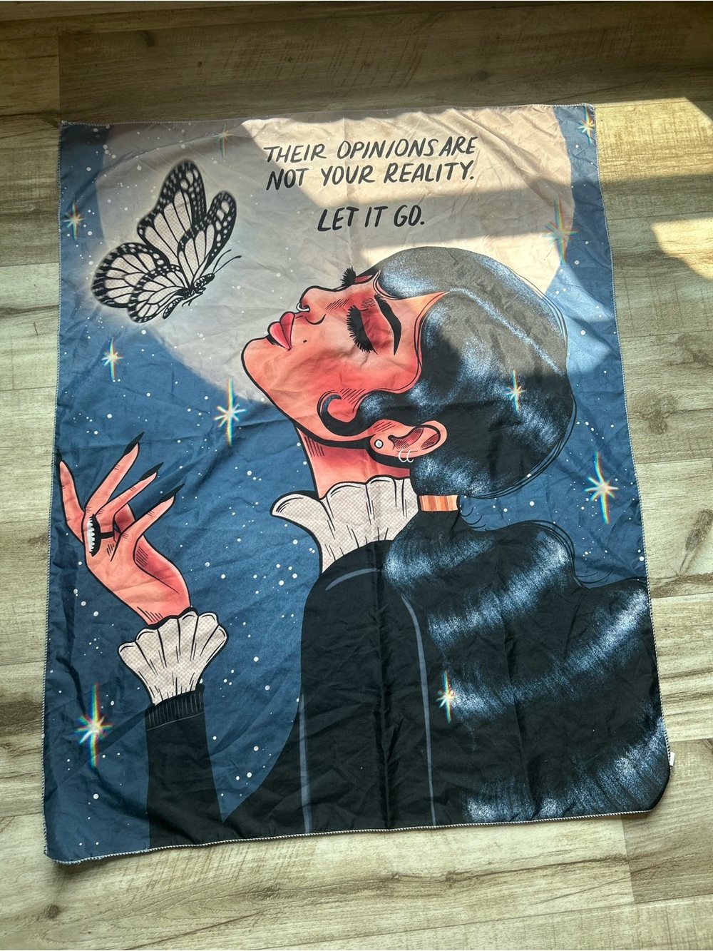 Source Unknown Blue and Black Graphic Woman with Butterfly Blanket
